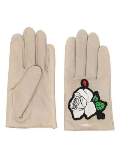 Undercover Floral-appliqué Leather Gloves In Neutrals