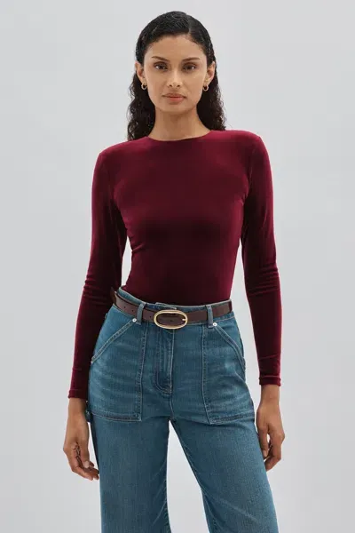 Undress Code Burgundy Padded-shoulder Velvet Bodysuit