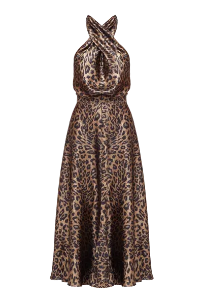 Undress Heidi Black Bronze Leopard Print Midi Dress In Brown