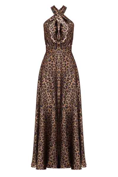 Undress Helida Black Bronze Leopard Print Long Dress With Criss In Brown