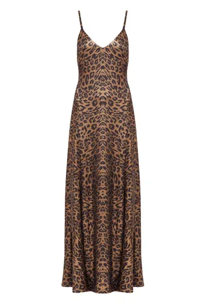 Undress Ines Leopard Metallic Fabric Long Open Back Dress In Brown