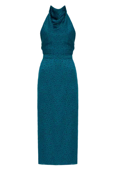 Undress Lara Teal Blue Jacquard Fabric Midi Dress With Cowl Neck In Green