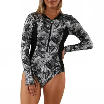 Uv Skinz Long Sleeve Half Zip Swimsuit In Woodblock Tropics