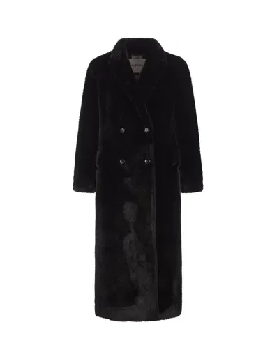 Valentini 1972 Black Faux Fur Long Double-breasted Coat