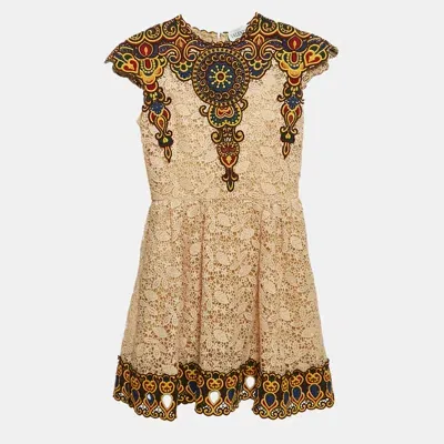 Pre-owned Valentino Beige Guipure Lace Patch Detail Mini Dress Xs