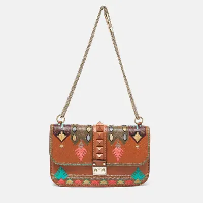 Pre-owned Valentino Garavani Beige Leather Medium Embroidered Rockstud Glam Lock Flap Bag In Brown