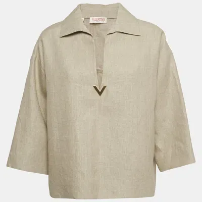 Pre-owned Valentino Beige Linen Canvas Embellished Blouse S