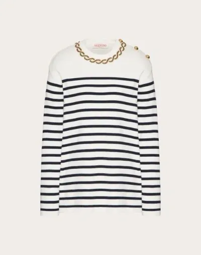 Valentino Embellished Striped Ribbed Cotton Sweater In Navy/avorio