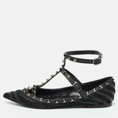 Pre-owned Valentino Garavani Black Calf Hair And Leather Rockstud Ankle Strap Ballet Flats Size 38