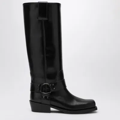 Valentino Garavani Black Leather Biker Rockstud High Boot