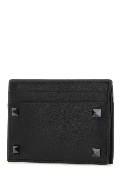 Valentino Garavani Black Leather Rockstud Card Holder In Nero