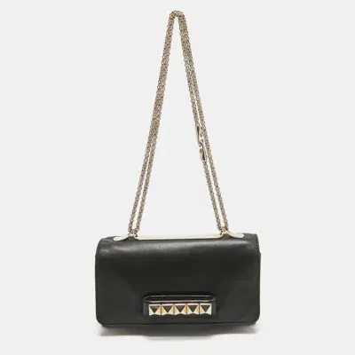 Pre-owned Valentino Garavani Black Leather Rockstud Va Va Voom Chain Clutch