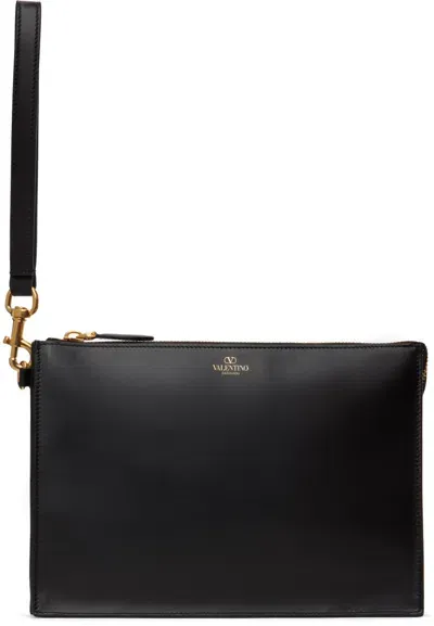 Valentino Garavani Black Logo Stamp Leather Clutch Bag