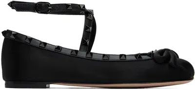 Valentino Garavani Black Rockstud Satin Ballerina Flats In 0no Nero