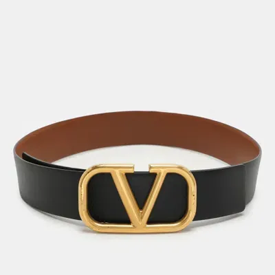 Pre-owned Valentino Garavani Black/brown Leather Vlogo Reversible Belt 28cm