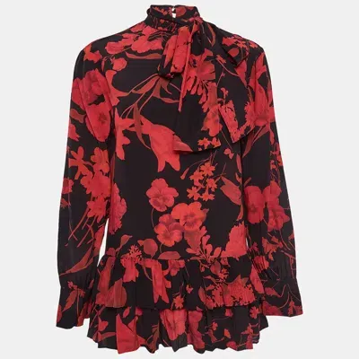 Pre-owned Valentino Black/red Floral Print Silk Mini Dress S