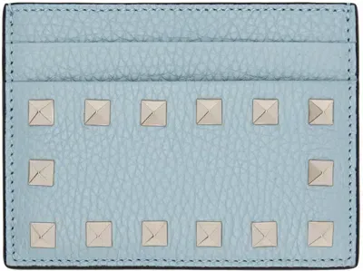 Valentino Garavani Blue Rockstud Grainy Calfskin Card Holder In Multicolor