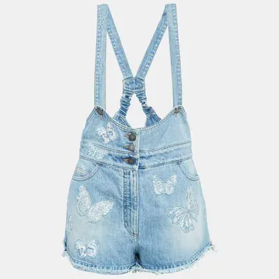 Pre-owned Valentino Blue Washed Denim Butterfly Applique Dungaree M