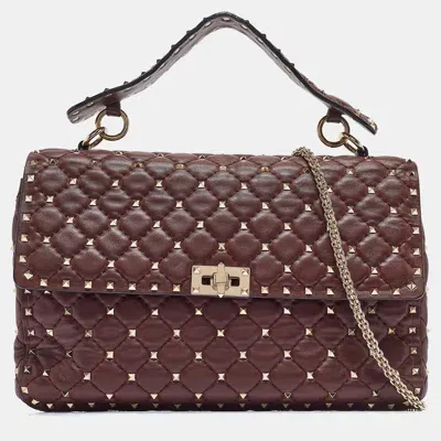 Pre-owned Valentino Garavani Burgundy Leather Large Rockstud Spike Top Handle Bag