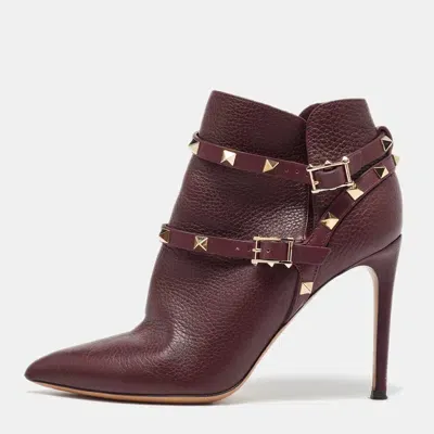 Pre-owned Valentino Garavani Burgundy Leather Rockstud Ankle Length Boots Size 37