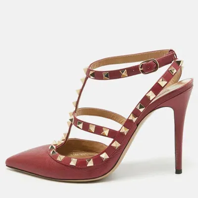 Pre-owned Valentino Garavani Burgundy Leather Rockstud Ankle Strap Pumps Size 39