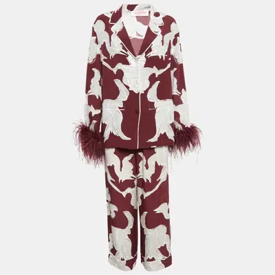 Pre-owned Valentino Burgundy Printed Silk And Ostrich Feather Pyjama Shirt And Pants Set L