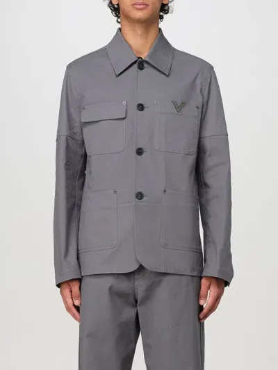 Valentino Stretch Cotton Canvas Jacket With Metallic V Detail In Light Grey