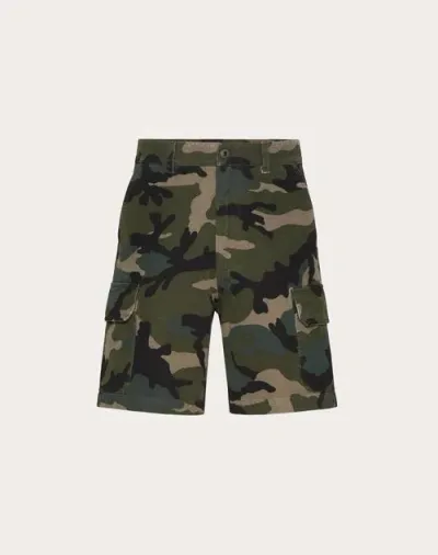 Valentino Cotton Bermuda Shorts With Camouflage Print And Metallic V Detail In Green