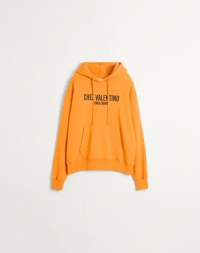 Valentino Cotton Hooded Sweatshirt With Chez Print In Orange