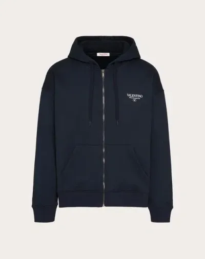 Valentino Cotton Sweatshirt With Hood Zip And Print In Navy White