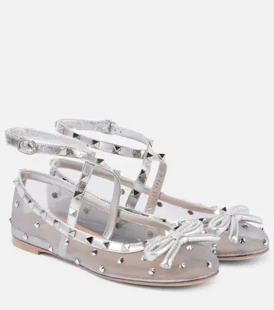 Valentino Garavani Rockstud Bow-detail Mesh Ballet Flats In Grau