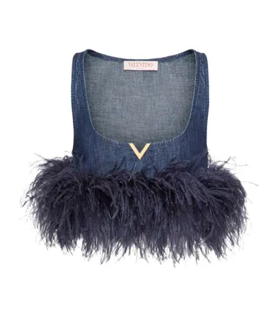 Valentino Denim Feather-trimmed Crop Top