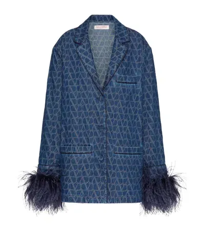 Valentino Toile Iconographe Feather-trim Denim Jacket In 蓝色