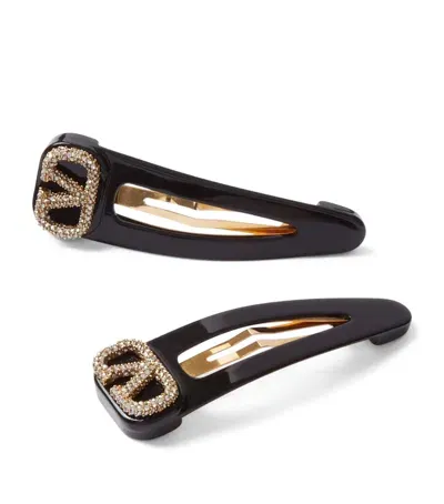 Valentino Garavani Embellished Vlogo Hair Clips In Black