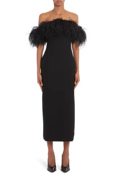 Valentino Feather-trimmed Midi Dress In Black