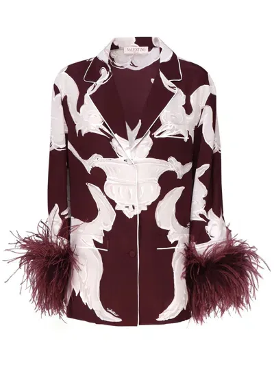 Valentino Feather-detailed Silk Shirt In Red