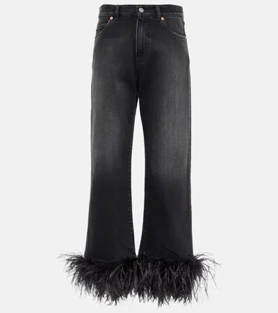 Valentino Feather-trimmed High-rise Wide-leg Jeans In Black