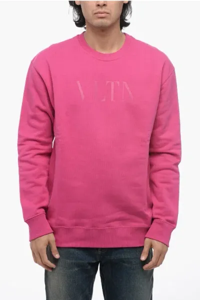 Valentino Fleeced Cotton Vltn Crew Neck Sweater In Pink