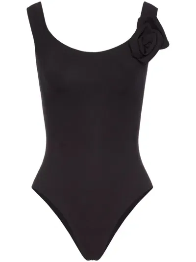 Valentino Floral-appliqué Swimsuit In Black