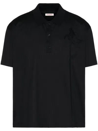 Valentino Flower-appliqué Cotton Polo Shirt In Black