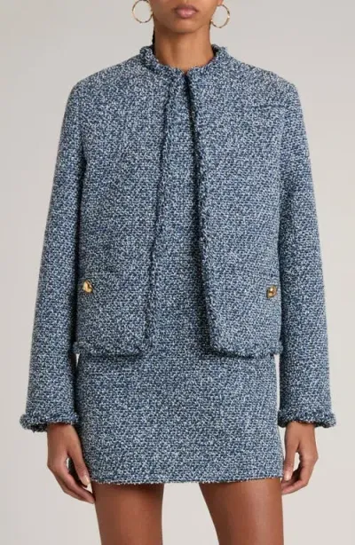 Valentino Frayed Edges Tweed Crewneck Jacket With Gold-tone Buttons In Denim Azure White