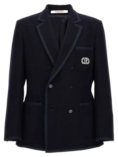 Valentino Double Breast Tweed Jacket In Navy