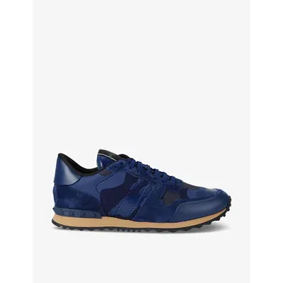 Valentino Garavani Mens Blue Rockrunner Camouflage-pattern Mesh And Leather Low-top Trainers