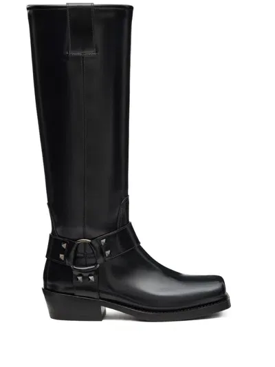 Valentino Garavani Rockstud Leather Boots In Black