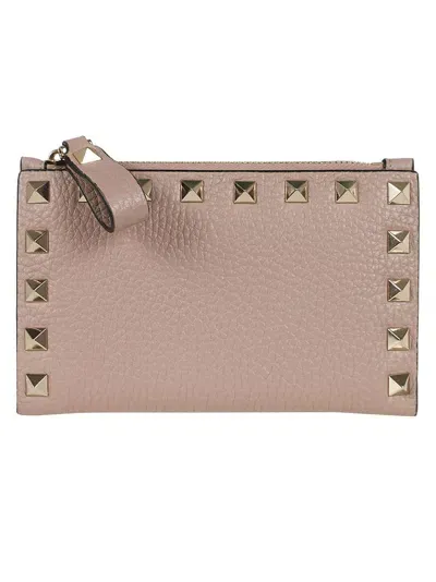 Valentino Garavani Rockstud Logo Detailed Wallet In Beige