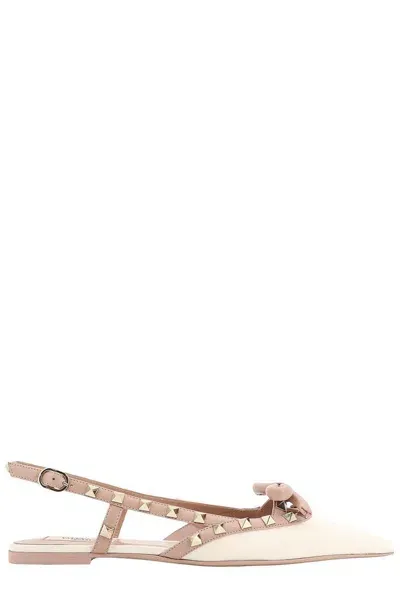 Valentino Garavani Rockstud Bow Slingback Ballerina Shoes In White