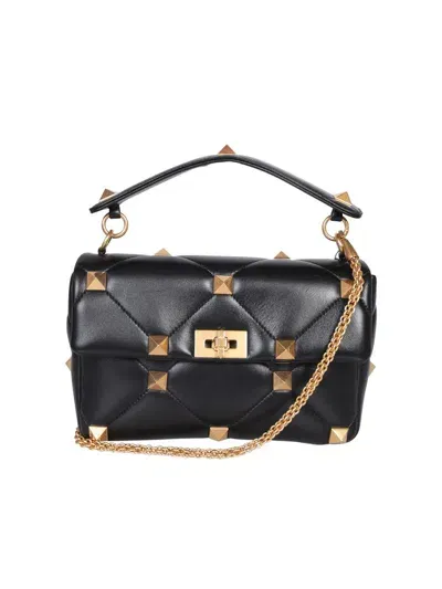 Valentino Garavani Roman Stud Foldover Top Shoulder Bag In Black