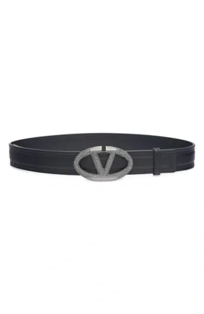 Valentino Garavani The Bold Crystal Embellished Vlogo Leather Belt In 249 Nero/black Diamond