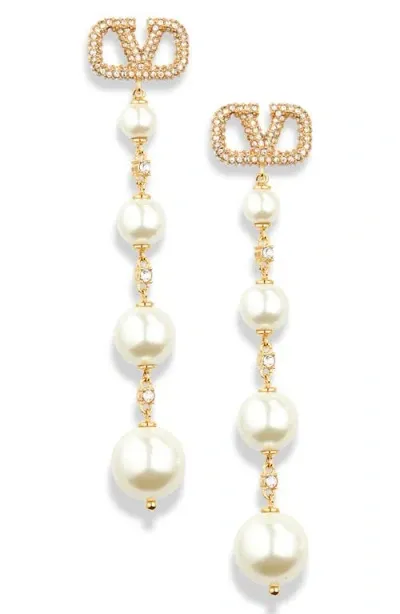 Valentino Garavani Vlogo Imitation Pearl Linear Drop Earrings In Oro 18/cream/crystal Silver