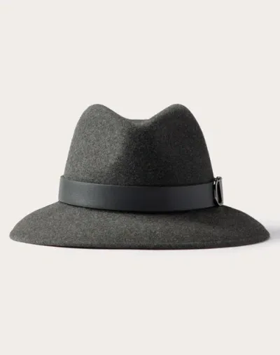 Valentino Garavani Vlogo Signature Rabbit Fur And Leather Fedora Hat Woman Dark Grey 58